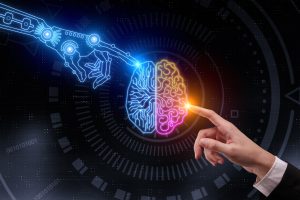 human and ai touching brain